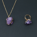 Irregular Natural Gem Stone Pendant Necklace Ring Purple Crystal Chakra Quartz Amethysts Necklace Bohemian Fashion Jewelry Gift