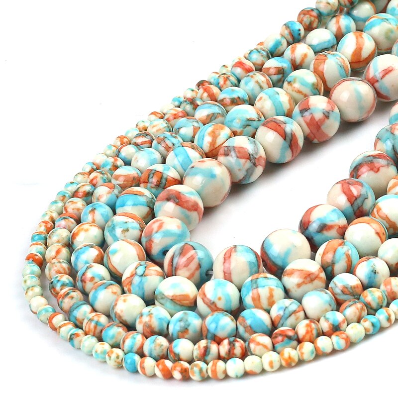 Blue Orange Colorful Striated Rain Round Beads Natural Loose Stone Beads For DIY Jewelry Making 4/6/8/10/12mm Bracelet 15''