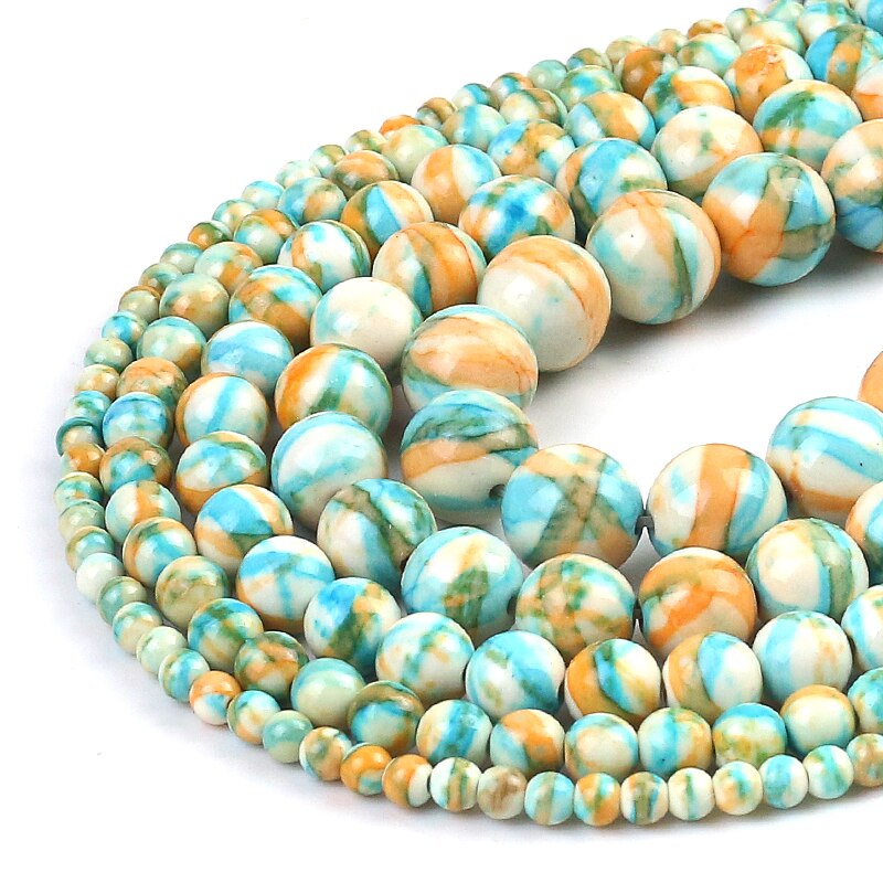 Cyan Orange Colorful Striated Rain Round Beads Natural Loose Stone Beads For DIY Jewelry Making 4/6/8/10/12mm Bracelet 15''