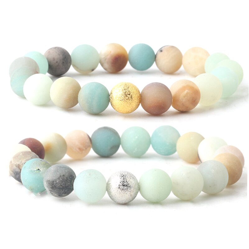 Gold Silvering Beads Couple Bracelet Natural Stone Matte Amazonite Round Beads Chain length 19cm For Men Women 4mm 6mm 8mm 10mm