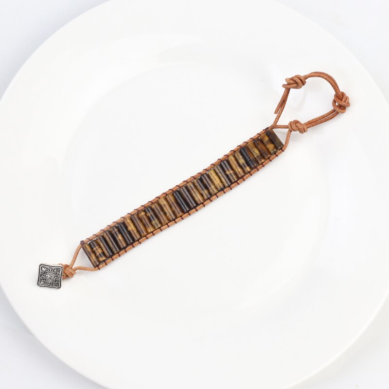 Wholesale Natural Stone Handmade Yellow Tiger Eye Chakra Bracelet Jewelry Tube Beads Leather Wrap Gifts Couples Bracelets