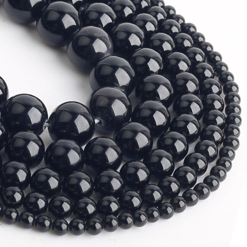 Natural Stone Solid Black Agates Onyx Smooth Round Gem Stone Beads 15" Strand 4 6 8 10 12MM Pick Size For Jewelry Making