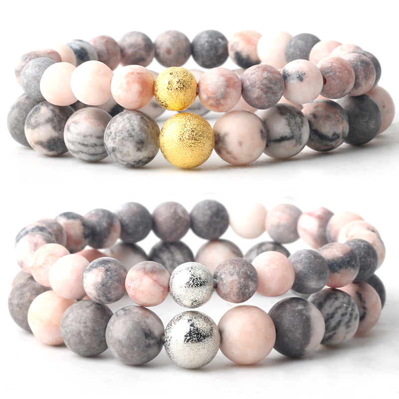 Natural Stone Pink Zebra Jaspers Round Beads Couple Bracelet Chain length 19cm For Men Women 6mm 8mm 10mm Gold Silvering Beads 4.4
